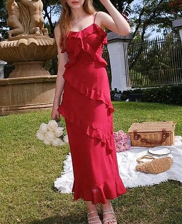 Dresses: Crvena midi/duga haljina sa volanima - Boja: intenzivna crvena - at lalafo.rs — 1 Dresses: Crvena midi/duga haljina sa volanima - Boja: intenzivna crvena - — 1