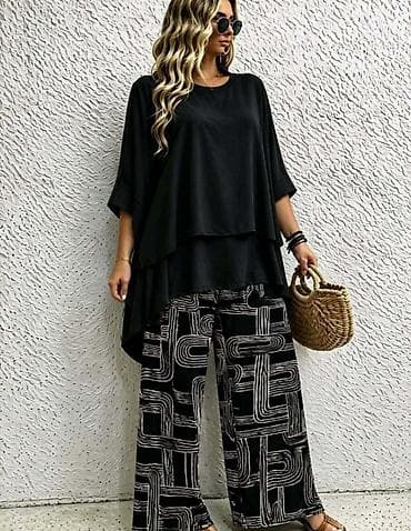 Komplet siroke pantalone crne sa belim sarama i bele pantalone sa na lalafo.rs Komplet siroke pantalone crne sa belim sarama i bele pantalone sa
