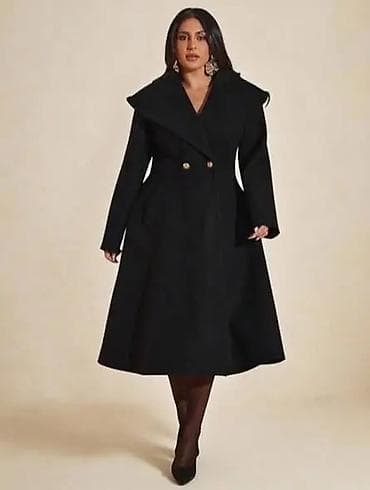 Elegantni crni kaput sa A-kroj siluetom i naglašenim strukom. Model do na lalafo.rs — 2 Elegantni crni kaput sa A-kroj siluetom i naglašenim strukom. Model do — 2