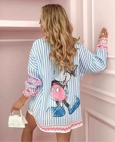 Ženska oversized košulja sa prugama i crtanim printom - Model: duga na lalafo.rs Ženska oversized košulja sa prugama i crtanim printom - Model: duga