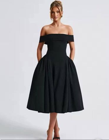 Elegantna midi haljina sa spuštenim ramenima - Kroj: struk naglašen na lalafo.rs Elegantna midi haljina sa spuštenim ramenima - Kroj: struk naglašen