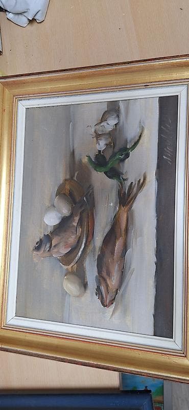 Ulje na platnu – mrtva priroda s ribama, jajima, belim lukom i zelenom na lalafo.rs Ulje na platnu – mrtva priroda s ribama, jajima, belim lukom i zelenom