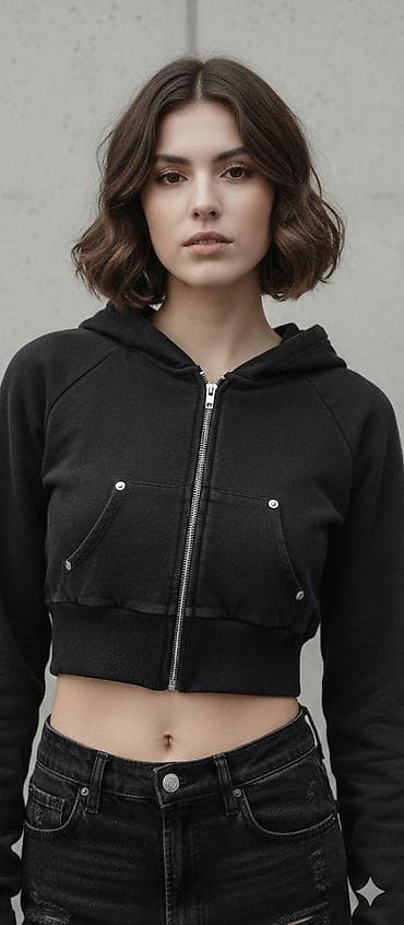 Ženska kratka dukserica sa kapuljačom - Boja: crna - Kroj: cropped na lalafo.rs Ženska kratka dukserica sa kapuljačom - Boja: crna - Kroj: cropped