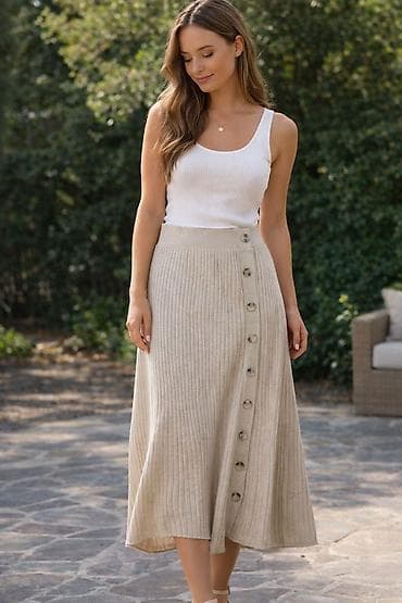 Pleteni midi suknja – bež - Model: srednja dužina (midi), A-kroj koji na lalafo.rs — 1 Pleteni midi suknja – bež - Model: srednja dužina (midi), A-kroj koji — 1