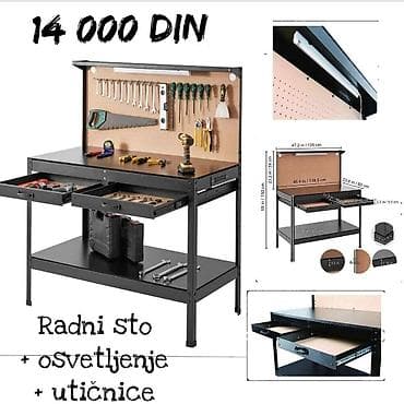 Radni sto sa panelom za alat, osvetljenjem i utičnicama - Dimenzije na lalafo.rs Radni sto sa panelom za alat, osvetljenjem i utičnicama - Dimenzije