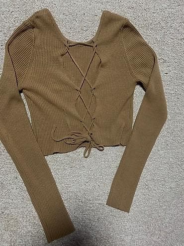 Braon rebrasti dzemper na vezivanje. - rebrasti materijal - dugi at lalafo.rs — 2 Braon rebrasti dzemper na vezivanje. - rebrasti materijal - dugi — 2