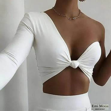 Asimetrični ženski crop top sa čvorom - Dizajn: jedan dugi rukav + na lalafo.rs — 9 Asimetrični ženski crop top sa čvorom - Dizajn: jedan dugi rukav + — 9