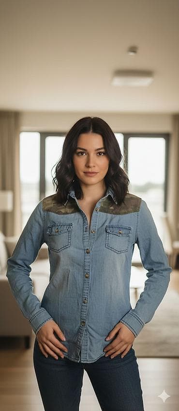 Ženska teksas košulja sa detaljima u vojničkom (camouflage) dezenu na na lalafo.rs Ženska teksas košulja sa detaljima u vojničkom (camouflage) dezenu na