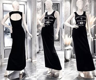 Duga crna haljina bez rukava sa sportskim printom na prednjem delu na lalafo.rs Duga crna haljina bez rukava sa sportskim printom na prednjem delu