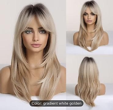 Perika – duga slojevita kosa sa šiškama, boja: gradient white golden na lalafo.rs Perika – duga slojevita kosa sa šiškama, boja: gradient white golden