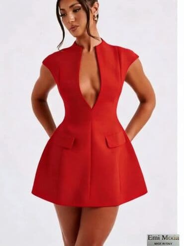 💫Mini haljina sa dubokim V dekolteom i podignutim okovratnikom. Kroj na lalafo.rs 💫Mini haljina sa dubokim V dekolteom i podignutim okovratnikom. Kroj