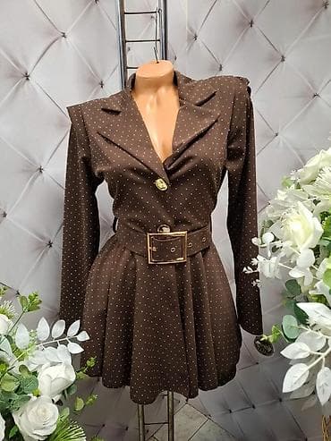 Elegantna ženska haljina-sakoić u tamno braon boji sa sitnim belim na lalafo.rs Elegantna ženska haljina-sakoić u tamno braon boji sa sitnim belim