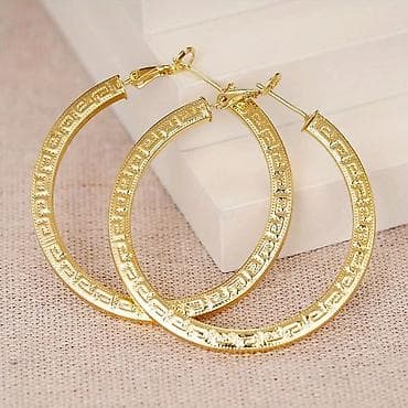 Zlatne okrugle minđuše – obruči sa reljefnim grčkim/meandar uzorkom - na lalafo.rs — 2 Zlatne okrugle minđuše – obruči sa reljefnim grčkim/meandar uzorkom - — 2