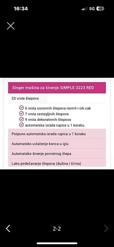 Singer mašina za šivenje SIMPLE 3223 RED - 23 vrste štepova: - 6 na lalafo.rs — 1 Singer mašina za šivenje SIMPLE 3223 RED - 23 vrste štepova: - 6 — 1