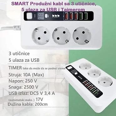 SMART produžni kabl sa tajmerom – 3 AC utičnice + 5 USB portova - 3 na lalafo.rs SMART produžni kabl sa tajmerom – 3 AC utičnice + 5 USB portova - 3