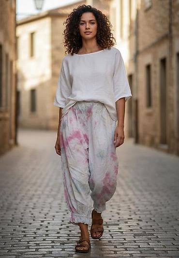 Ženske ljetne pantalone – široki kroj, tie-dye - Model: komotne na lalafo.rs — 1 Ženske ljetne pantalone – široki kroj, tie-dye - Model: komotne — 1