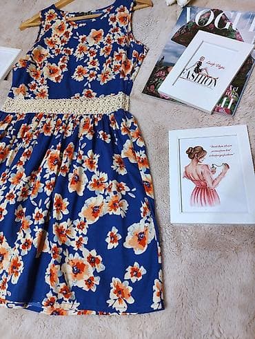 Ženska letnja haljina bez rukava, plave boje sa narandžastim i belim na lalafo.rs — 3 Ženska letnja haljina bez rukava, plave boje sa narandžastim i belim — 3