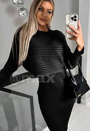 Damski komplet – rebrasti pleteni duks i suknja, crna boja. - na lalafo.rs Damski komplet – rebrasti pleteni duks i suknja, crna boja. -