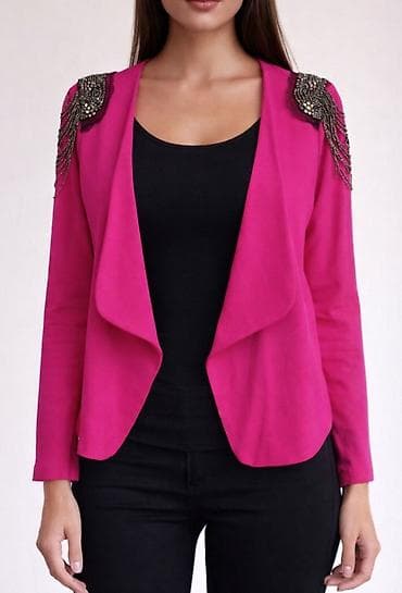 Ženski elegantni sako u fuksija roze boji. Model bez kopčanja, sa na lalafo.rs Ženski elegantni sako u fuksija roze boji. Model bez kopčanja, sa