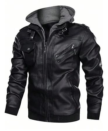 Muška crna biker jakna sa kapuljačom - Materijal: crna eko koža na lalafo.rs — 2 Muška crna biker jakna sa kapuljačom - Materijal: crna eko koža — 2