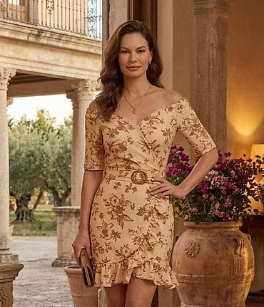 Elegantna ženska haljina u bež tonovima sa floralnim printom. - Kroj na lalafo.rs Elegantna ženska haljina u bež tonovima sa floralnim printom. - Kroj