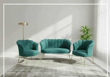 Stilske garniture: Set tapaciranog nameštaja – sofa + 2 fotelje, art-deco dizajn Shell na lalafo.rs — 2 Stilske garniture: Set tapaciranog nameštaja – sofa + 2 fotelje, art-deco dizajn Shell — 2