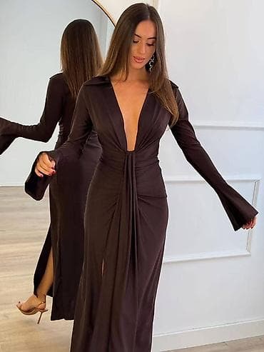 💫Duga elegantna haljina sa dubokim V dekolteom i drapiranim čvorom u na lalafo.rs — 1 💫Duga elegantna haljina sa dubokim V dekolteom i drapiranim čvorom u — 1