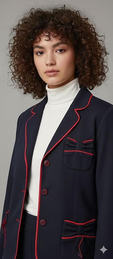 Ženski blejzer u tamnoplavoj boji sa crvenim kontrastnim paspulama na lalafo.rs Ženski blejzer u tamnoplavoj boji sa crvenim kontrastnim paspulama