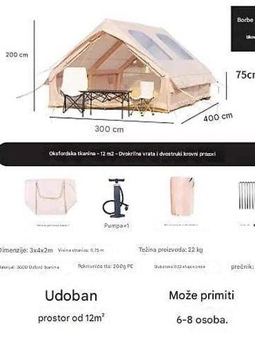 Šator za kampovanje na naduvavanje – 12 m² - Kapacitet: 6–8 osoba na lalafo.rs Šator za kampovanje na naduvavanje – 12 m² - Kapacitet: 6–8 osoba