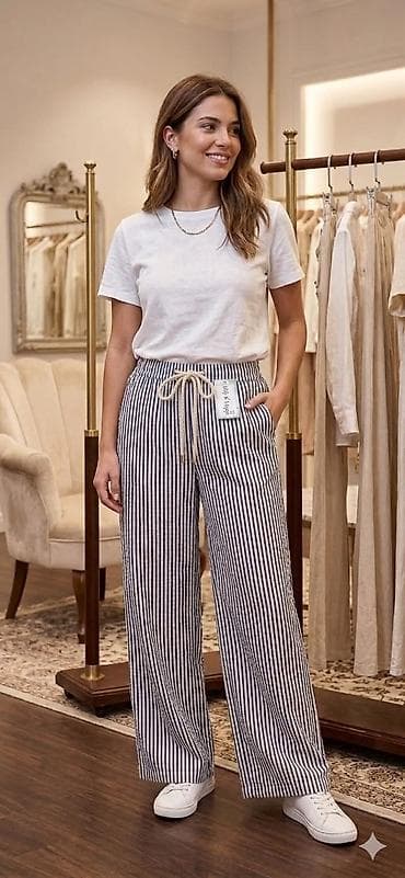 Laganе široke pantalone sa prugama – letnji model - Kroj: široke na lalafo.rs Laganе široke pantalone sa prugama – letnji model - Kroj: široke