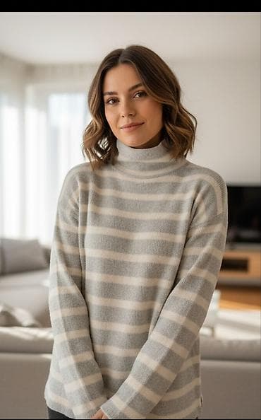 Ženski džemper sa prugama i visokim rol-kragnom - Kroj: komotan na lalafo.rs — 1 Ženski džemper sa prugama i visokim rol-kragnom - Kroj: komotan — 1