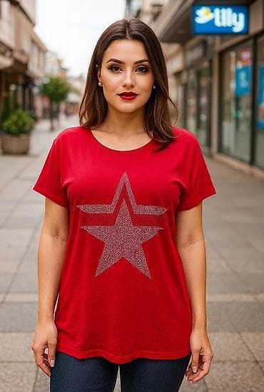dve suknje po: Ženska majica kratkih rukava – crvena, sa printom zvezde - Model na lalafo.rs — 2 dve suknje po: Ženska majica kratkih rukava – crvena, sa printom zvezde - Model — 2
