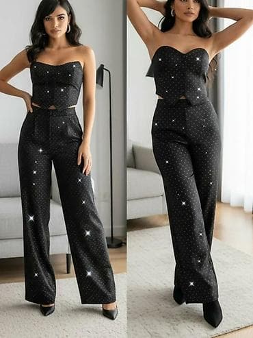 Dvodijelni ženski komplet – top i pantalone - Boja: crna sa sitnim na lalafo.rs Dvodijelni ženski komplet – top i pantalone - Boja: crna sa sitnim