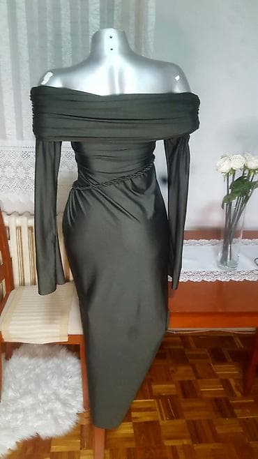 Elegantna midi haljina – tamnozelena - Model: off-shoulder (ramena na lalafo.rs — 3 Elegantna midi haljina – tamnozelena - Model: off-shoulder (ramena — 3