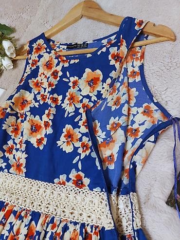 Ženska letnja haljina bez rukava, plave boje sa narandžastim i belim na lalafo.rs — 2 Ženska letnja haljina bez rukava, plave boje sa narandžastim i belim — 2