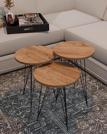 Set od 3 klub stolića – okrugle ploče, metalne „hairpin” noge - na lalafo.rs — 2 Set od 3 klub stolića – okrugle ploče, metalne „hairpin” noge - — 2