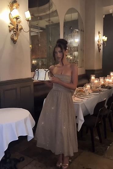 🔥Svečana midi haljina bez bretela – šampanj/bež, sa sjajnim efektom na lalafo.rs — 3 🔥Svečana midi haljina bez bretela – šampanj/bež, sa sjajnim efektom — 3