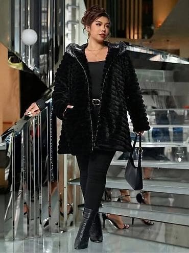 Ženska zimska jakna/kaput sa kapuljačom – crna, plišana tekstura - na lalafo.rs — 3 Ženska zimska jakna/kaput sa kapuljačom – crna, plišana tekstura - — 3