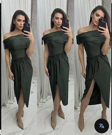 Elegantna midi haljina – tamnozelena - Model: off-shoulder (ramena na lalafo.rs — 1 Elegantna midi haljina – tamnozelena - Model: off-shoulder (ramena — 1