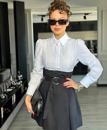 Elegantna ženska kombinacija – bela košulja i crna mini suknja sa na lalafo.rs — 2 Elegantna ženska kombinacija – bela košulja i crna mini suknja sa — 2