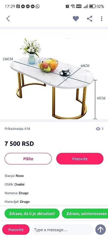 Stilske sofe: Elegantan ovalni klub sto sa mermernim efektom - Dimenzije: 120 x 60 na lalafo.rs — 2 Stilske sofe: Elegantan ovalni klub sto sa mermernim efektom - Dimenzije: 120 x 60 — 2