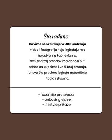 UGC produkcija za brendove – autentični video i foto sadržaj koji na lalafo.rs UGC produkcija za brendove – autentični video i foto sadržaj koji