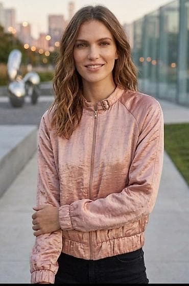 Ženska bomber jakna od satenskog/velurastog materijala u puder‑roze na lalafo.rs Ženska bomber jakna od satenskog/velurastog materijala u puder‑roze