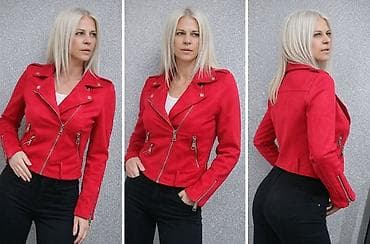 Ženska biker jakna – crvena - Materijal: izgled brušene kože na lalafo.rs Ženska biker jakna – crvena - Materijal: izgled brušene kože