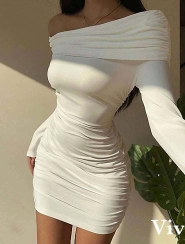 Elegantna ženska mini haljina sa spuštenim ramenima - Kroj: uska at lalafo.rs — 1 Elegantna ženska mini haljina sa spuštenim ramenima - Kroj: uska — 1