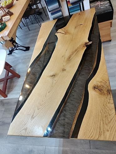 stolovi od drveta: Epoxy sto Hrast/ crni metalik 90x181 cm Ploča stola at lalafo.rs — 4 stolovi od drveta: Epoxy sto Hrast/ crni metalik 90x181 cm Ploča stola — 4