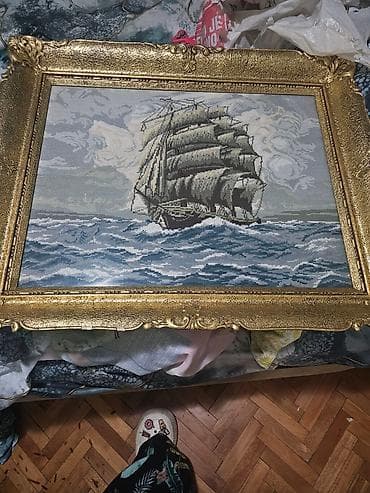 Ručni gobleni u pozlaćenim ukrasnim ramovima - Motiv 1: Jedrenjak na na lalafo.rs — 2 Ručni gobleni u pozlaćenim ukrasnim ramovima - Motiv 1: Jedrenjak na — 2