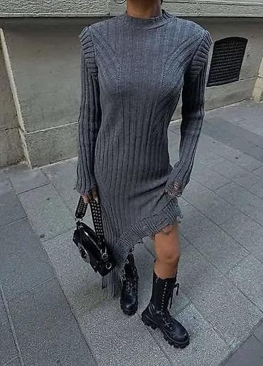 Asimetrična rebrasta pletena haljina - Model: uska silueta, dugi na lalafo.rs — 3 Asimetrična rebrasta pletena haljina - Model: uska silueta, dugi — 3