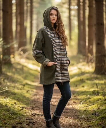 Zelena ženska jakna/duksa sa kapuljačom i etno detaljima - Model na lalafo.rs Zelena ženska jakna/duksa sa kapuljačom i etno detaljima - Model