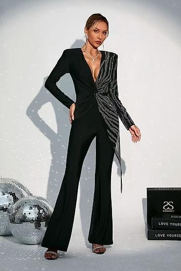 Elegantni ženski kombinezon – crni, dugački rukavi, duboki V izrez na lalafo.rs — 3 Elegantni ženski kombinezon – crni, dugački rukavi, duboki V izrez — 3